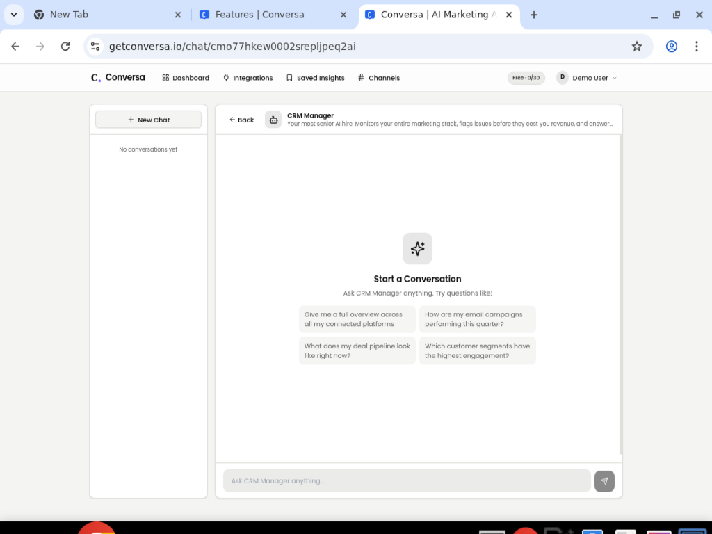 Conversa chat interface with example questions