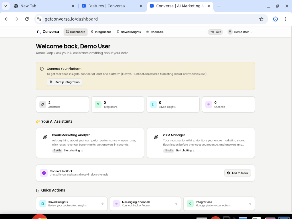 Conversa user dashboard with chat history